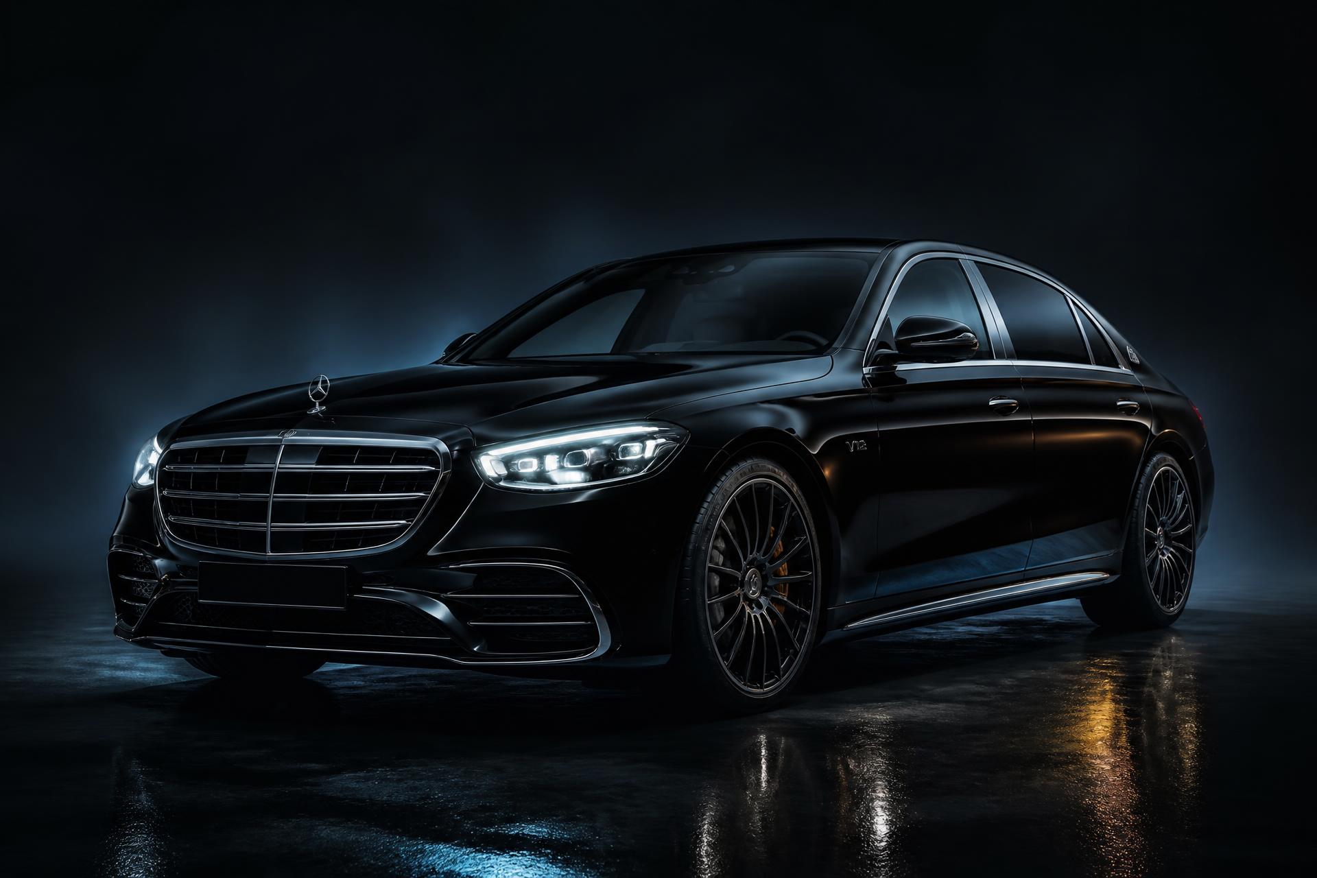 Freshly detailed black luxury sedan in a professional detailing studio